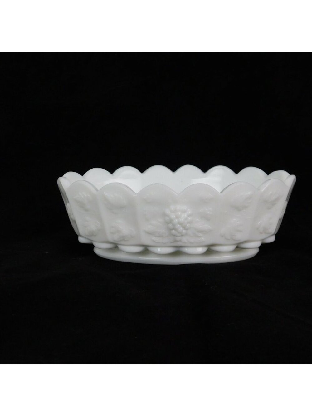 Westmoreland Paneled Milk Glass Grape Design Footed Nut Dish 6 5/8" lg 4 1/8" wd